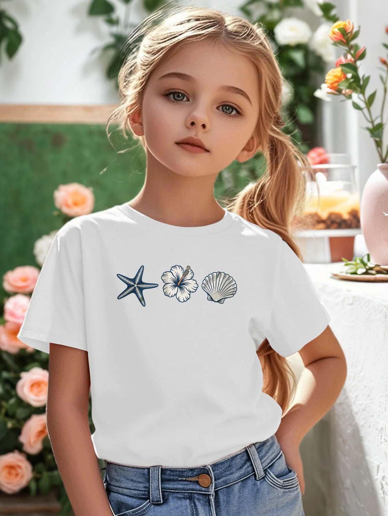 Tropical Marine Starfish Flower Shell Holiday Cartoon Print Kids T Shirt Boys Girls Family Matching Summer Crew Neck Casual Tee