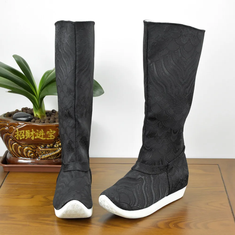 Ancient Style Black Cloth Boots Long Tube Thick Sole Opera Inner Height Increase Summer Hanfu Boots Women Performance Boots