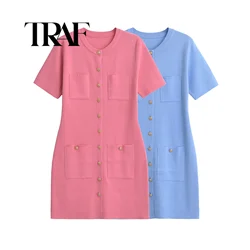 TRAF Knitted Dress Women Pocket Sweater Mini Dresses For Women Summer Dress Short Sleeve Metal Buttons Casual Dresses