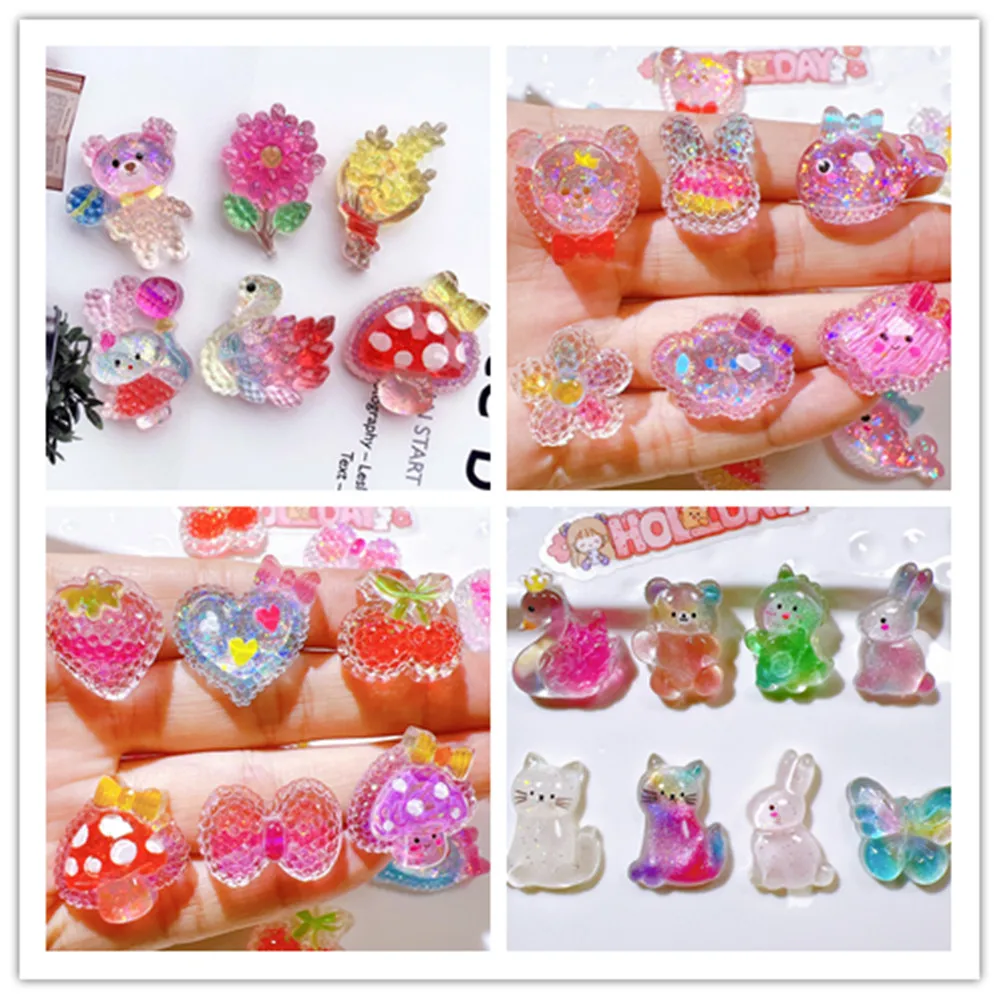 

100pcs Kawaii Glitter Flatback Resin Cartoon Animal Fruit Cloud Cabochon Hair Bow DIY Scrapbooking Crafts Decor Accessories