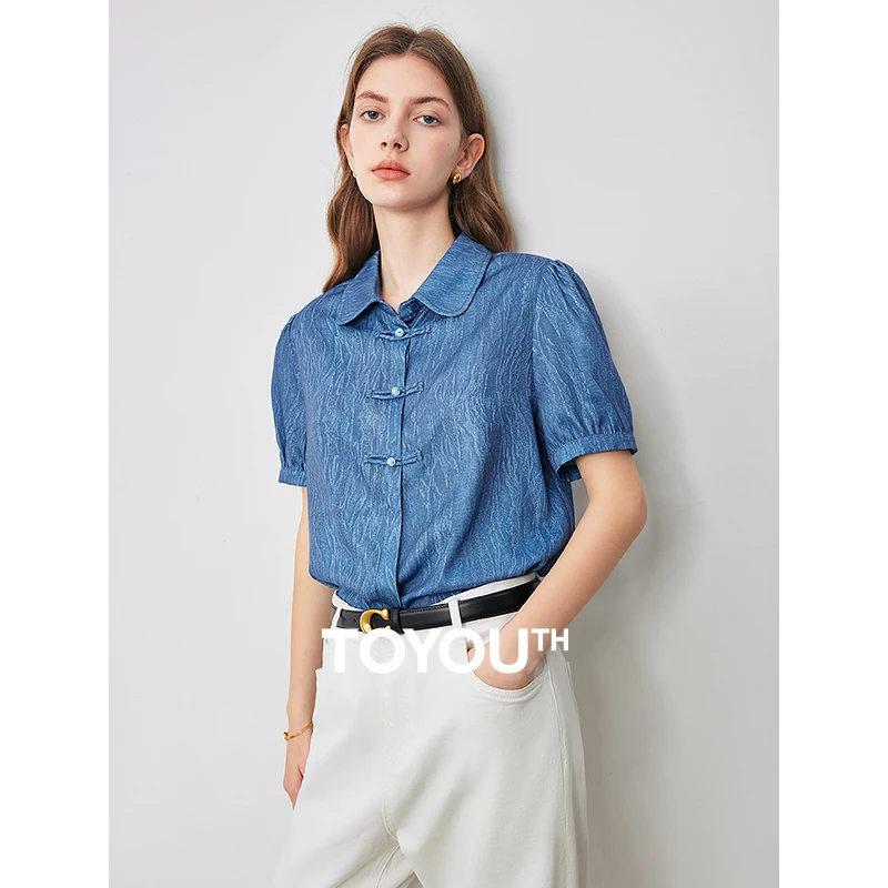 

TOYOUTH Women Shirt 2024 Summer New Chinese Style Doll Neck Buff Sleeve Elegant Blue Tops