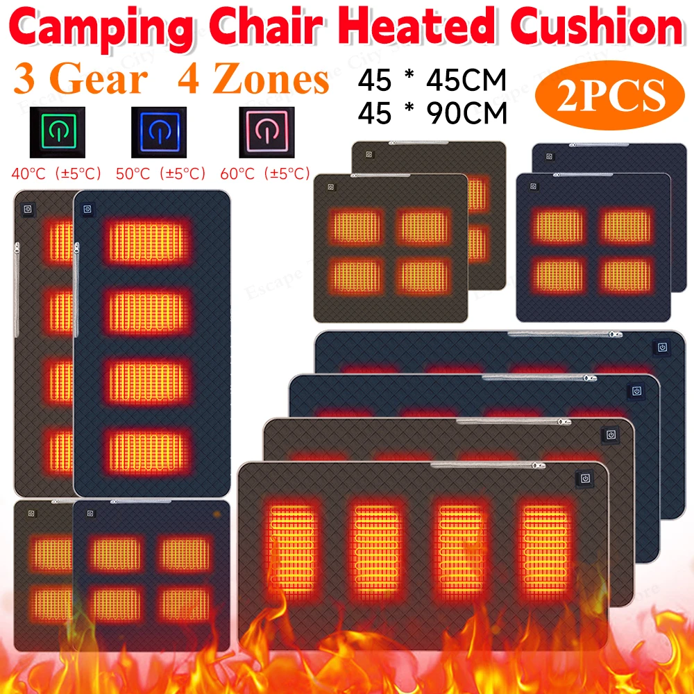 1/2PCS 4 Zones Electric Heated Seat Cushion Waterproof Winter Warm Seat Pad USB/Type-C Power Heating Pad for Camping Stadium