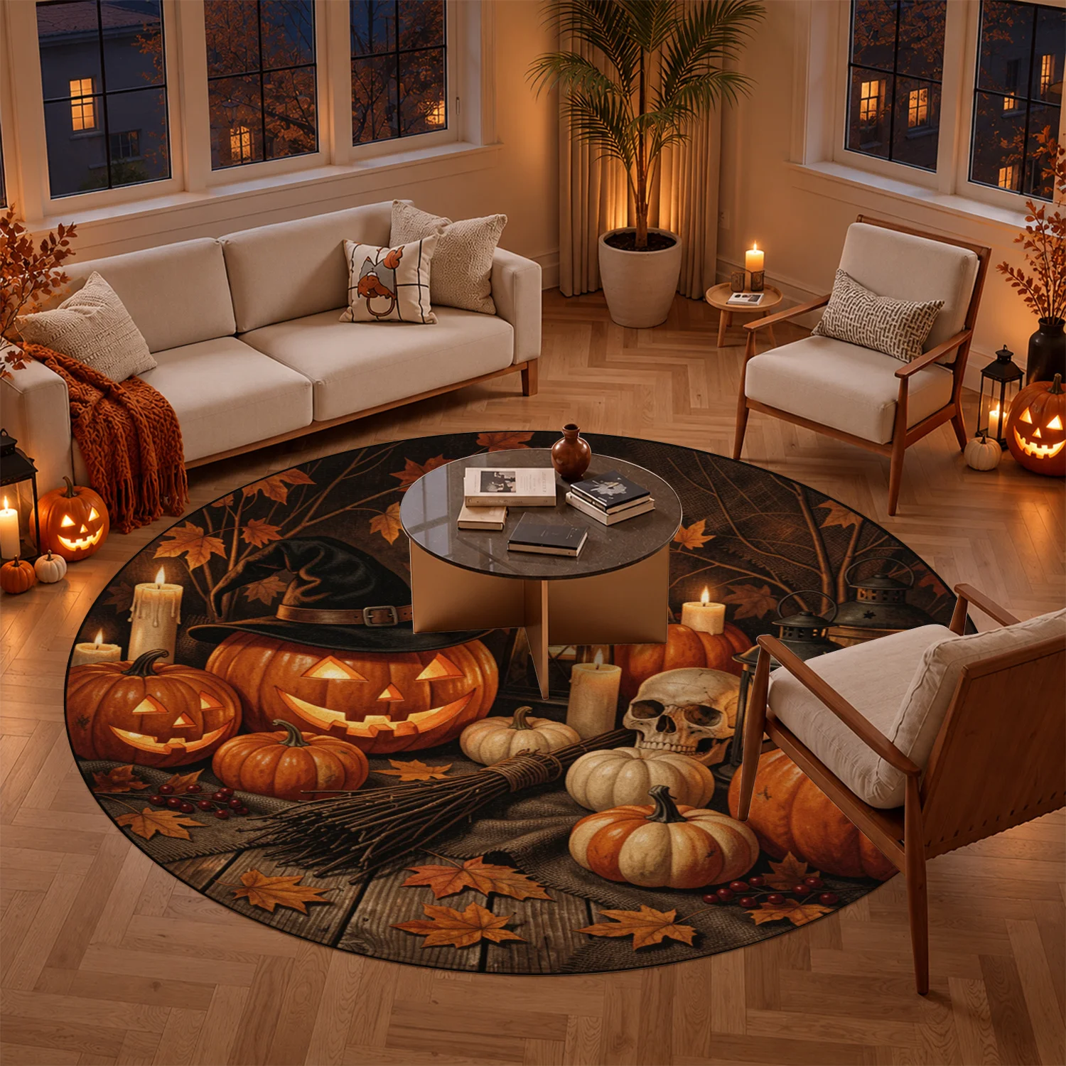 Halloween Pumpkin Witch Pattern Round Velvet Rug, Machine Washable, Stays Firmly In Place, Ideal For Entryway, Living Room, Dining Room, Perfect For Halloween, Thanksgiving, Christmas, New Year Decor, Great For Black Friday Cyber Monday Events