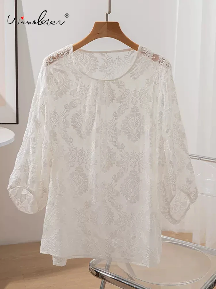 

Winsleter, 100%Real Silk Elegant T-shirt, Woman Lantern Sleeve Embroidery, Loose Fairy Sunscreen Tops, 2024 Summer Fall T47643QC