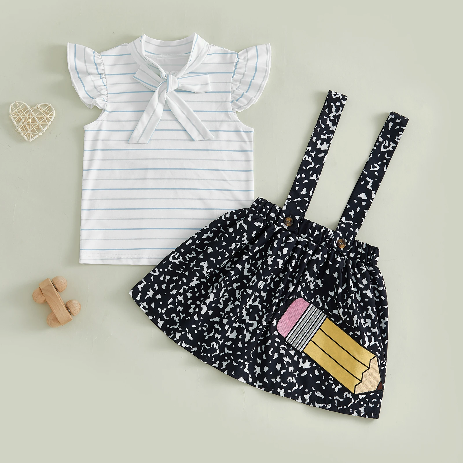 2-8Y Toddler Girl Back to School Outfit Lined Paper Stripe Print Tie Neck Flying Sleeve Shirt Tops Pencil Pattern Overall Skirt
