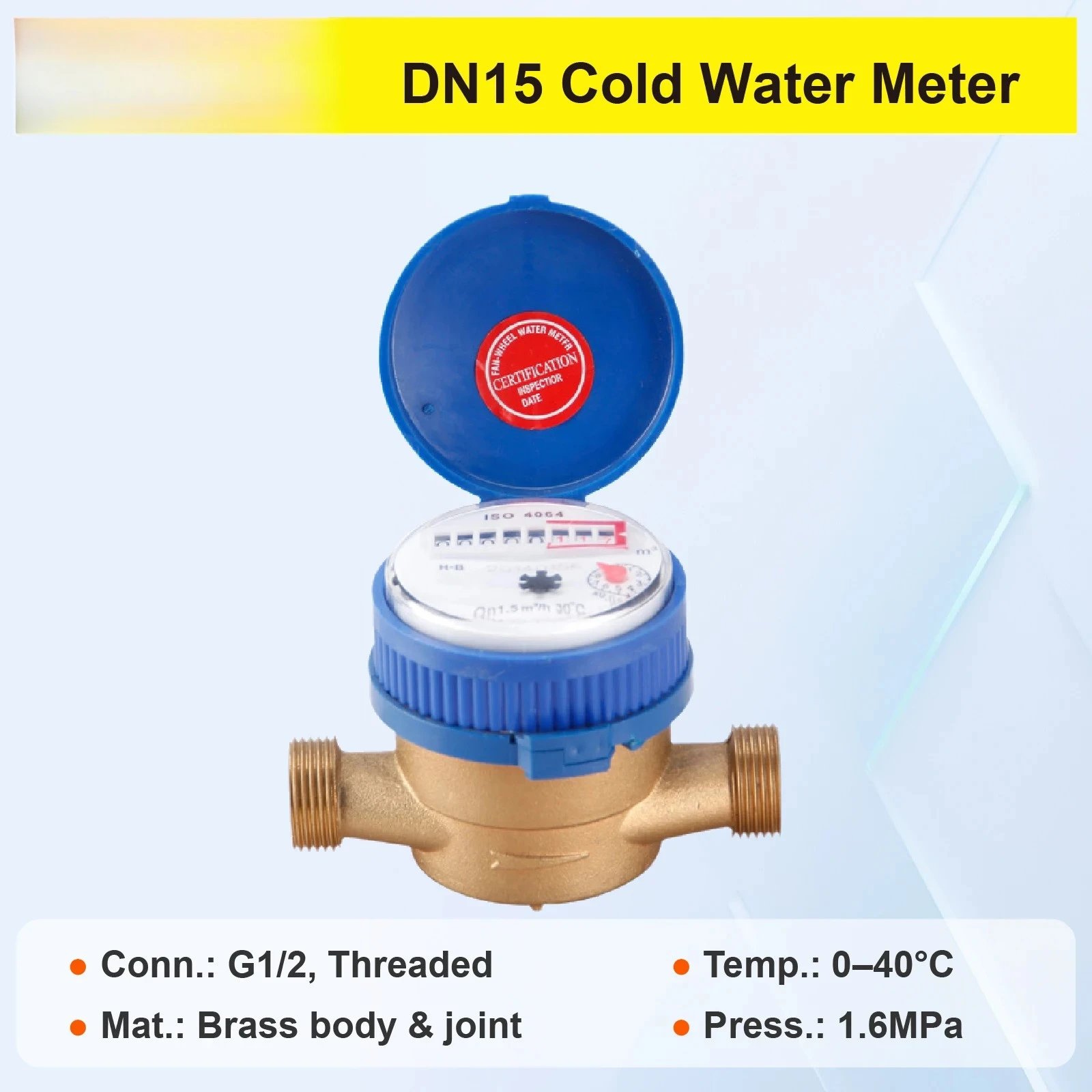 LXSG‑13D Single‑Jet Dry‑Dial Cold Water Meter Brass Housing G1/2 Residential Water Meter Vacuum Sealed Register 0.03‑3m³/h