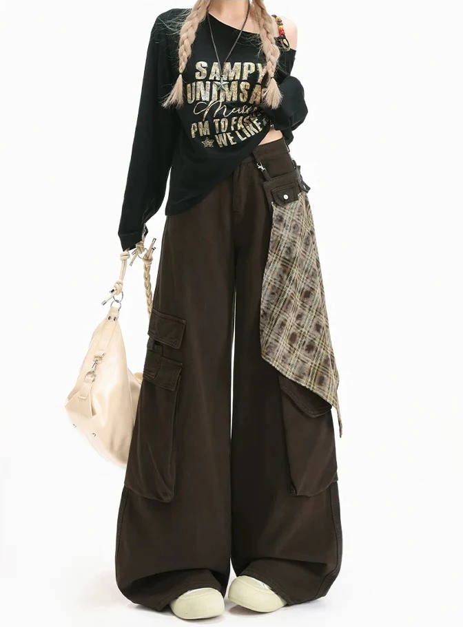 Y2K Vintage Jeans Women Coffee High Waist Workwear Wide Leg Loose Floor Length High Street