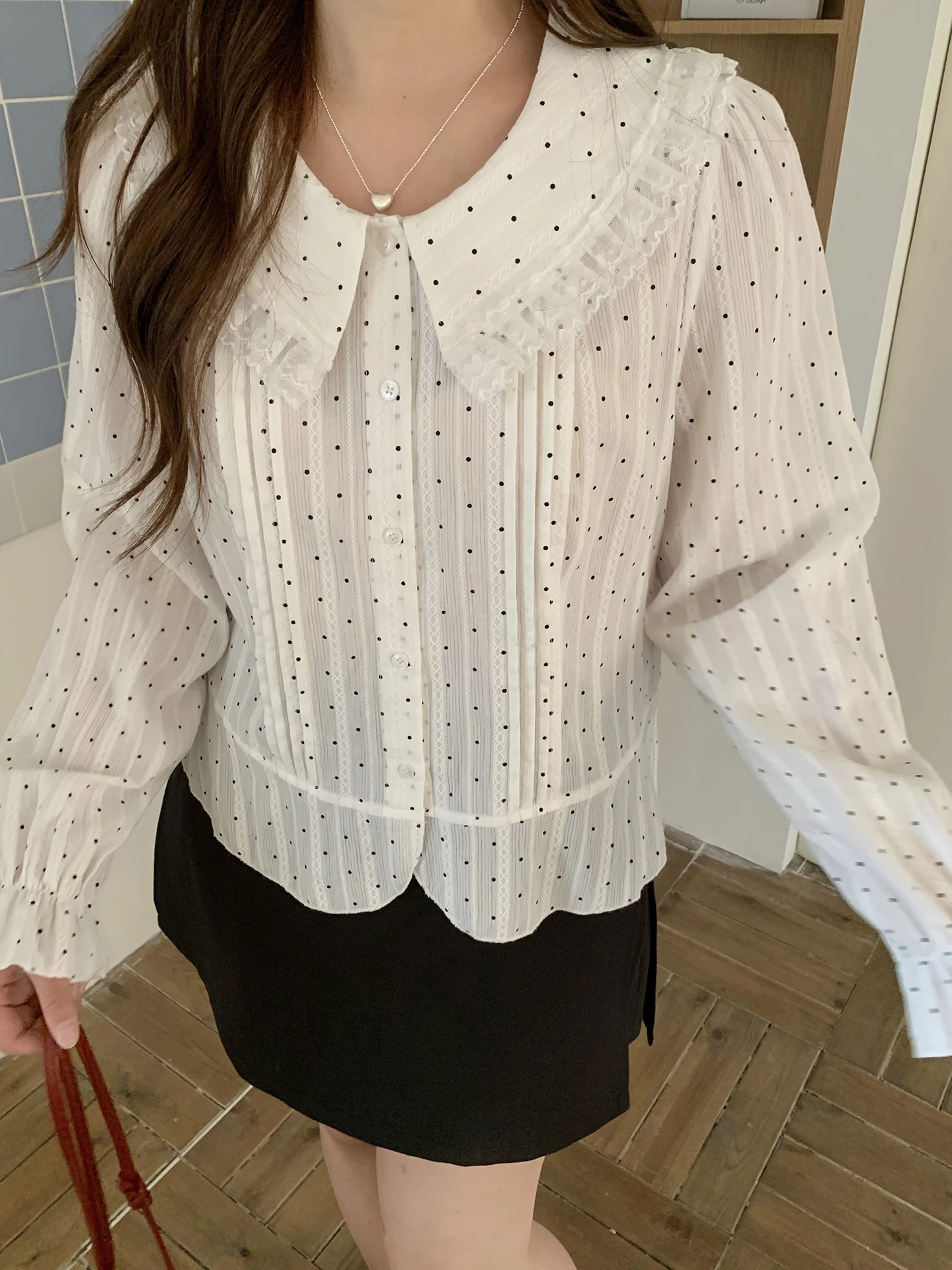 

Soft Sle Polka Dot irt Women's Spring Doll Collar Slimming Cotton Long Sve Button up Casual Faion Age Reduction