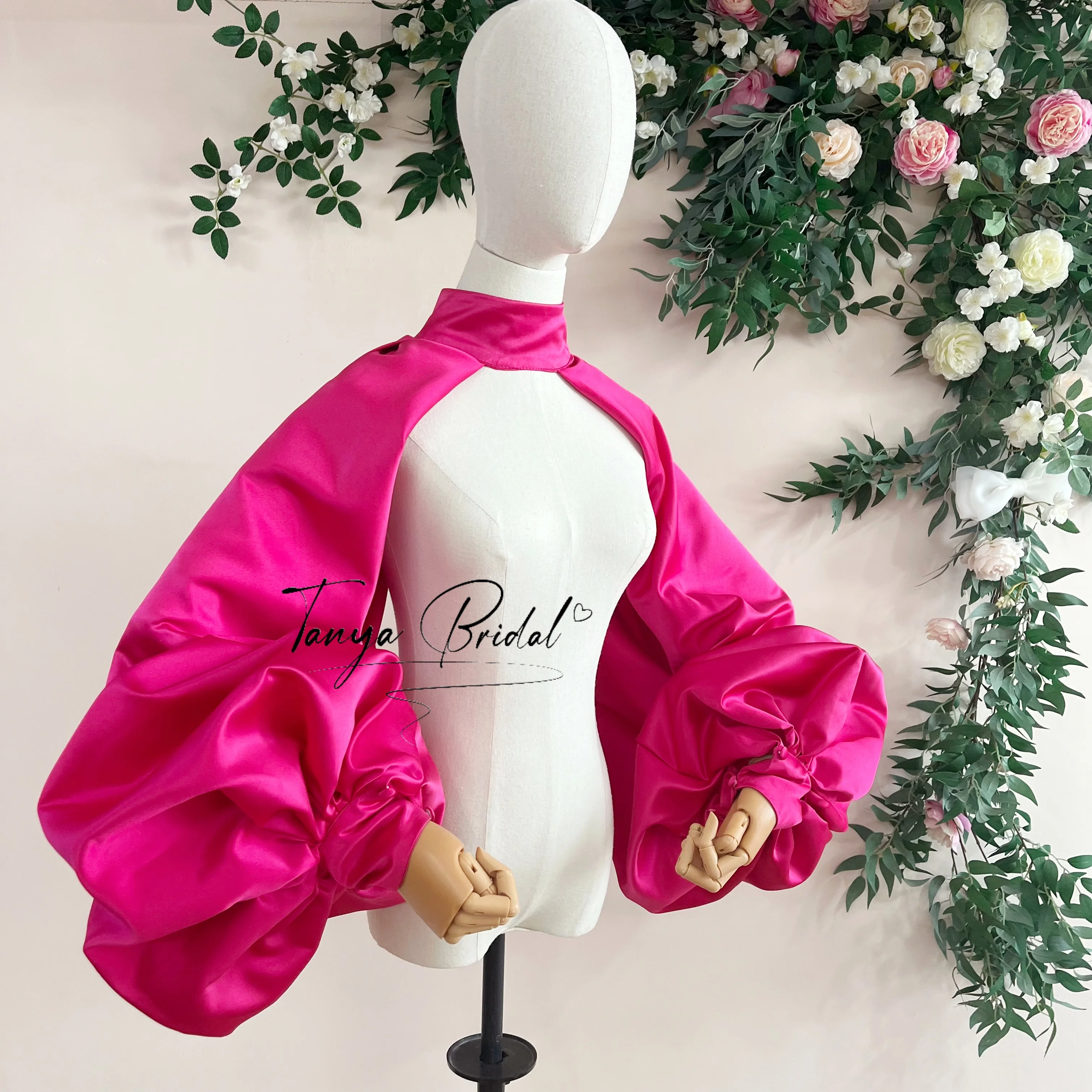 Fuchsia Satin High Neck Bolero Jacket with Giant Puff Sleeves Back Button Cape Shrug for Wedding Evening Dress Cover up