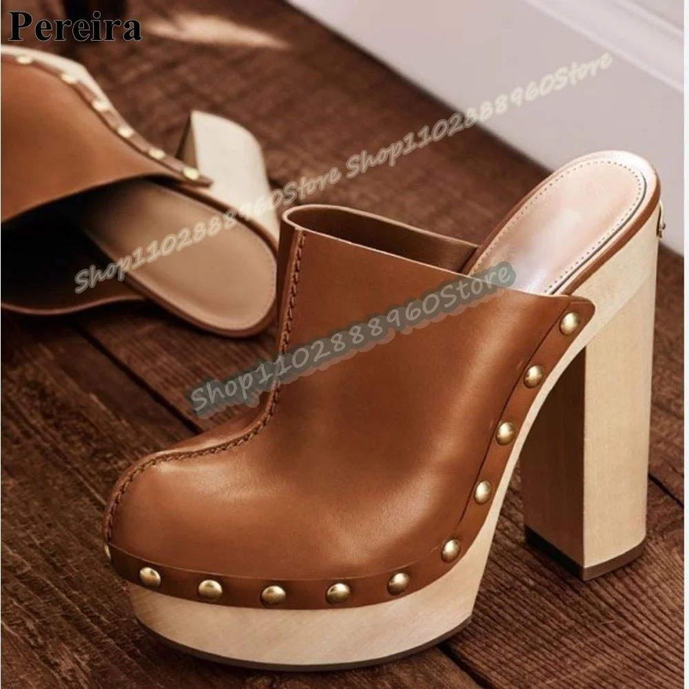Occidental braune Leder-Plateau-Halbslipper mit klobigem Absatz für Damen, zum Hineinschlüpfen, mit runder Zehenpartie, modische Schuhe für Damen