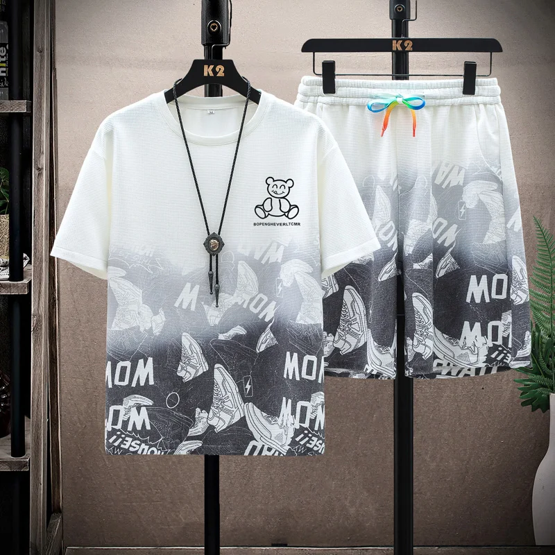 

Мужской повседневный спортивный комплект: футболка с коротким рукавом и облегающая майка из модного полиэстера, летняя коллекция