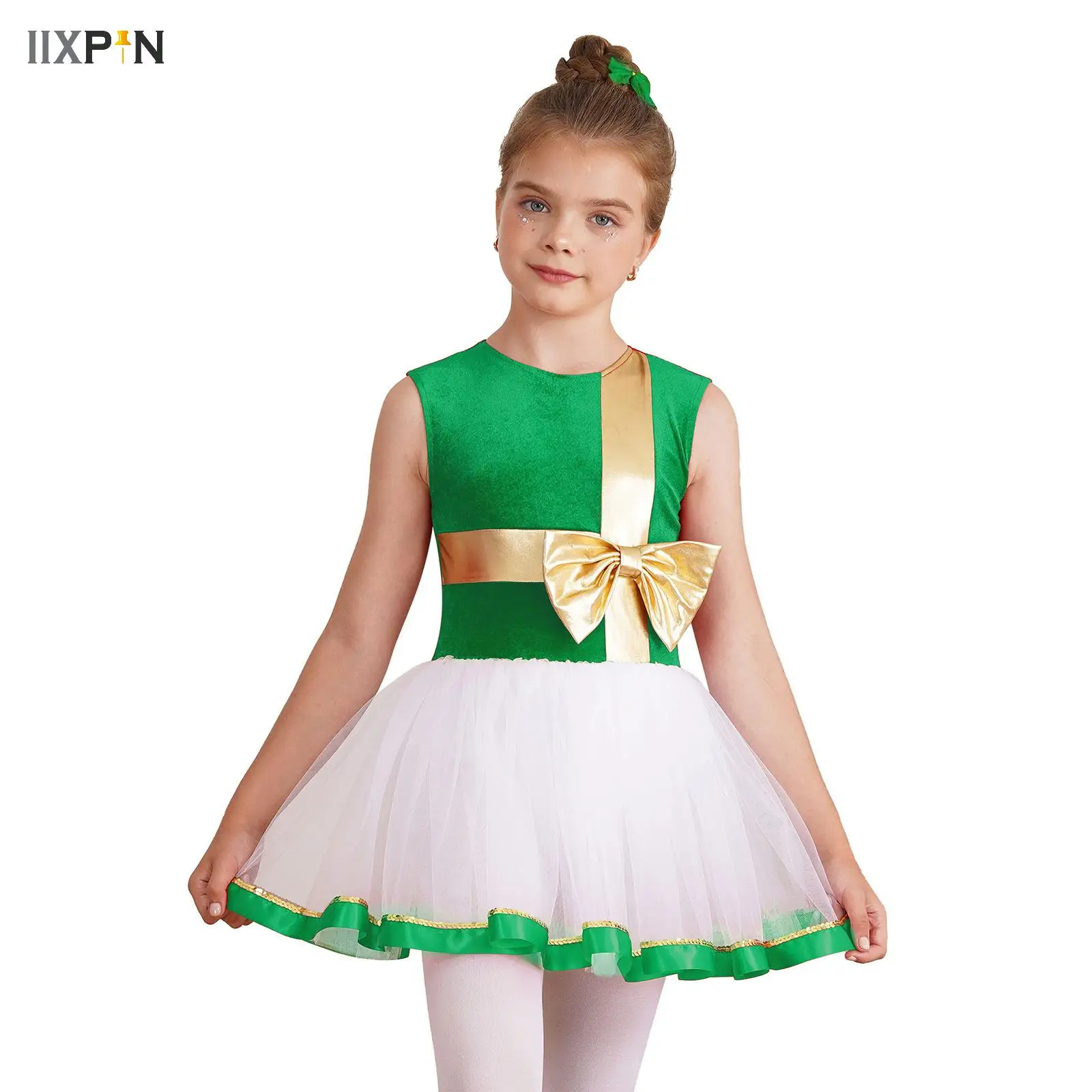 

Kids Girls Christmas Dress Santa Claus Costume Velvet Sleeveless Ballet Dance Tutu Dress Leotard Figure Ice Skating Dress