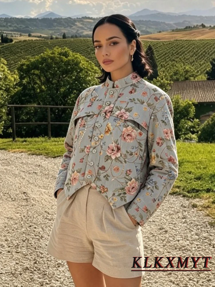 Women Spring Vintage Flower Print Short Coat Chic Long Sleeves Stand Collar Button Pocket Decoration Jacket Woman Street Top