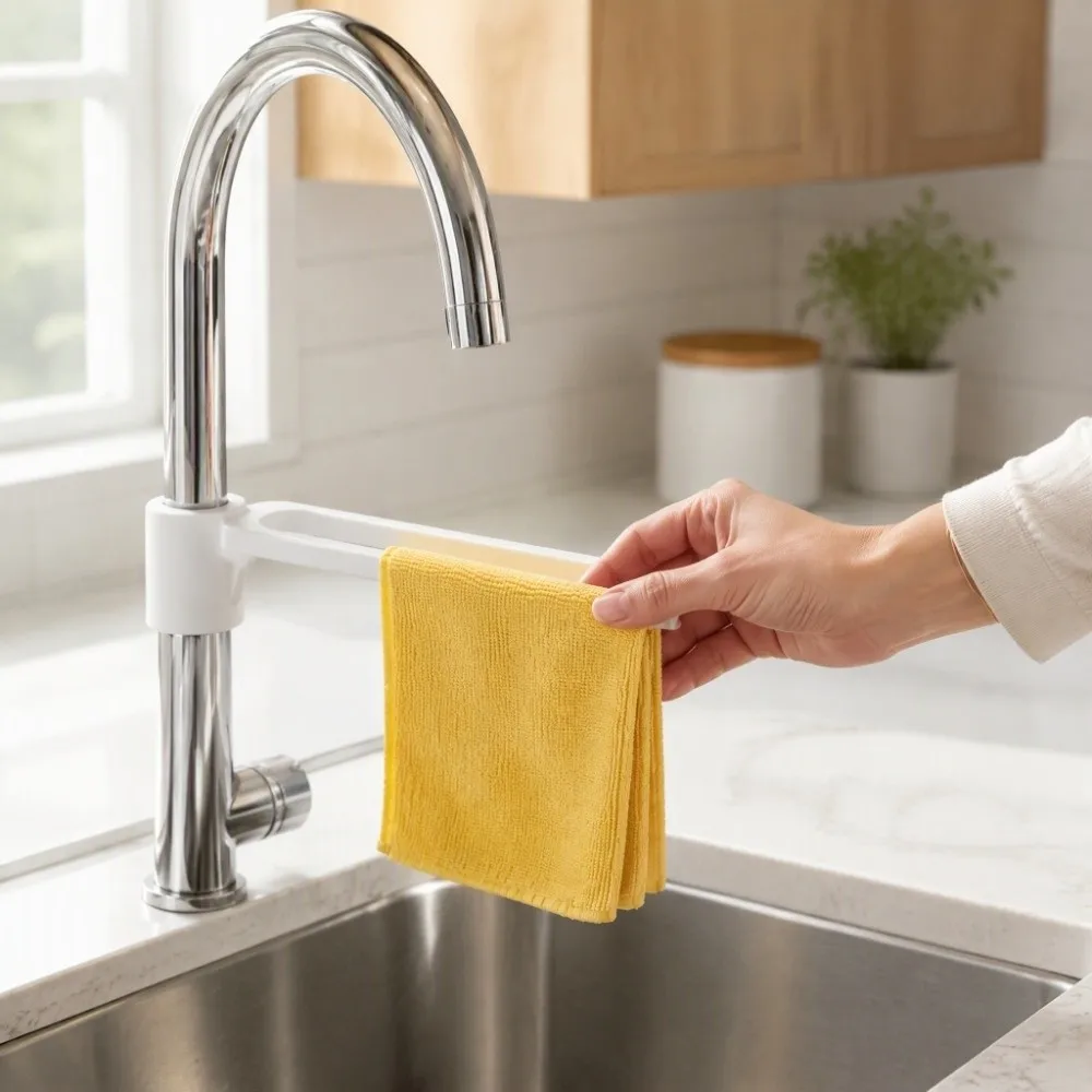 Space Saving Adjustable Faucet Towel Rack No-Drill Long Arm Dishcloth Drying Holder Universal Plastic Sink Cloth Hanger Sink