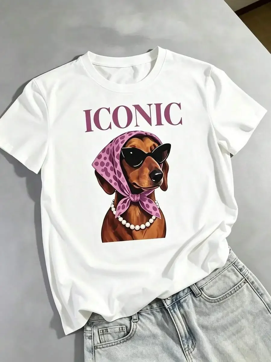 Women's Summer Crew Neck Short-Sleeve T-Shirt, Casual Daily Wear Top With Iconic Stylish Dachshund Graphic Print, Soft Breathable Fabric, Great Gift For Dachshund Dog Lovers