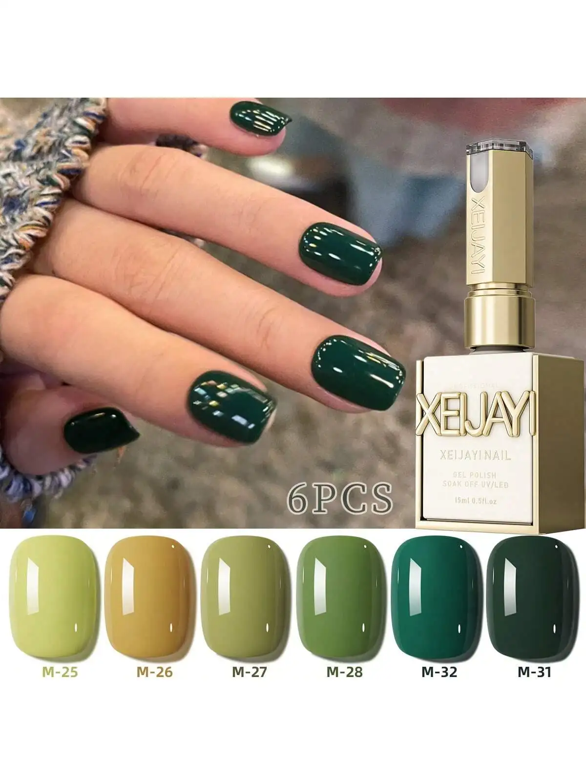 

XEIJAYI 6Pcs Green Gel Nail Polish Finish Semi Permanent Glitter Sequins Nail Polish Set Nail Art For Manicure Nail Design