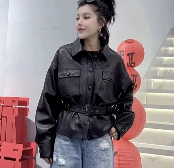 Bla ライチ柄本革ジャケット レディース ウエストシンチング オート スリミング バイカー コート Sサイズ l アウター