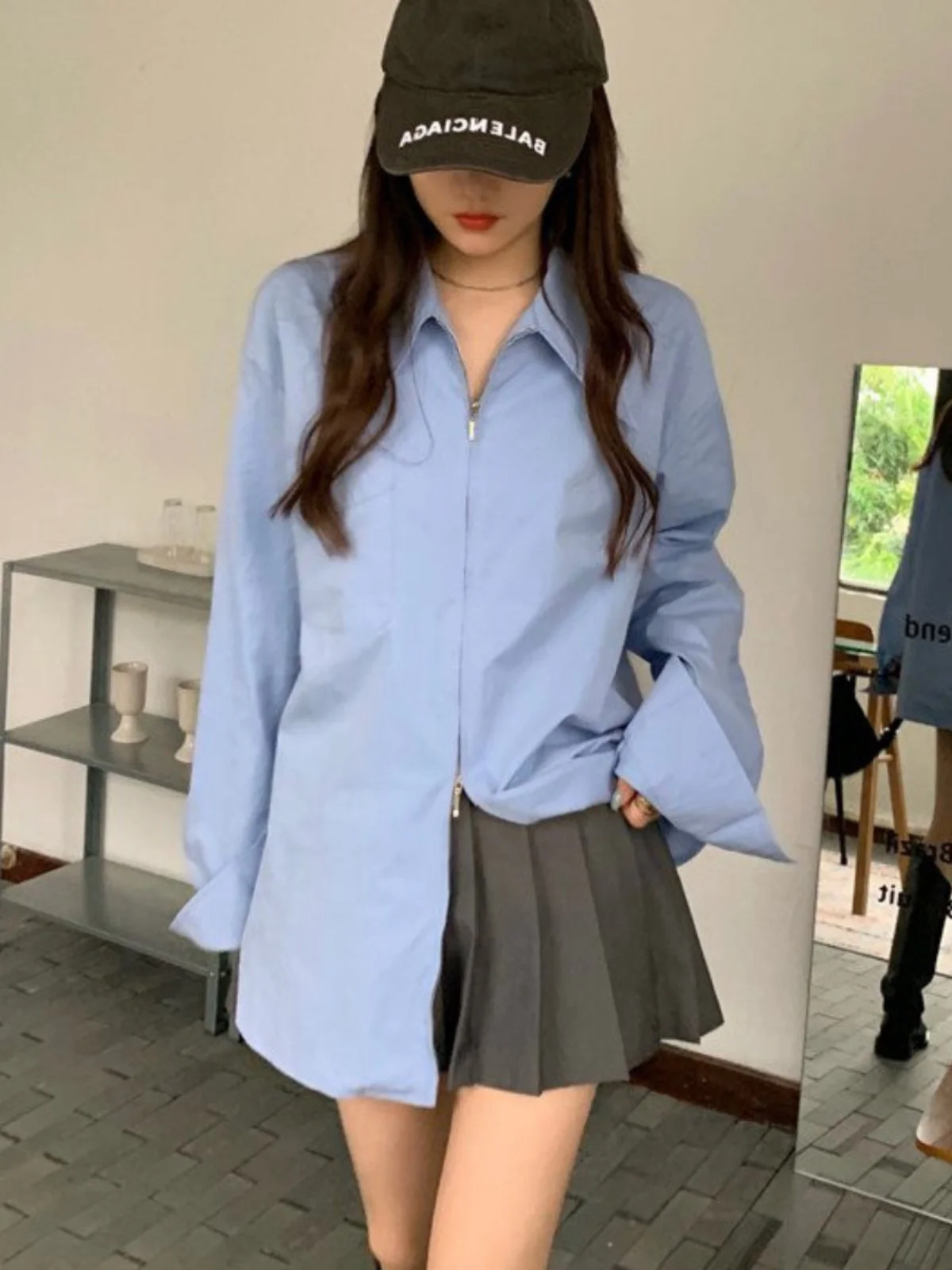 

Blue Double Zipper Women's irt Spring Faionable Inner Wear Base Layer Collar Long Sve Loose Fit Pure Color irt