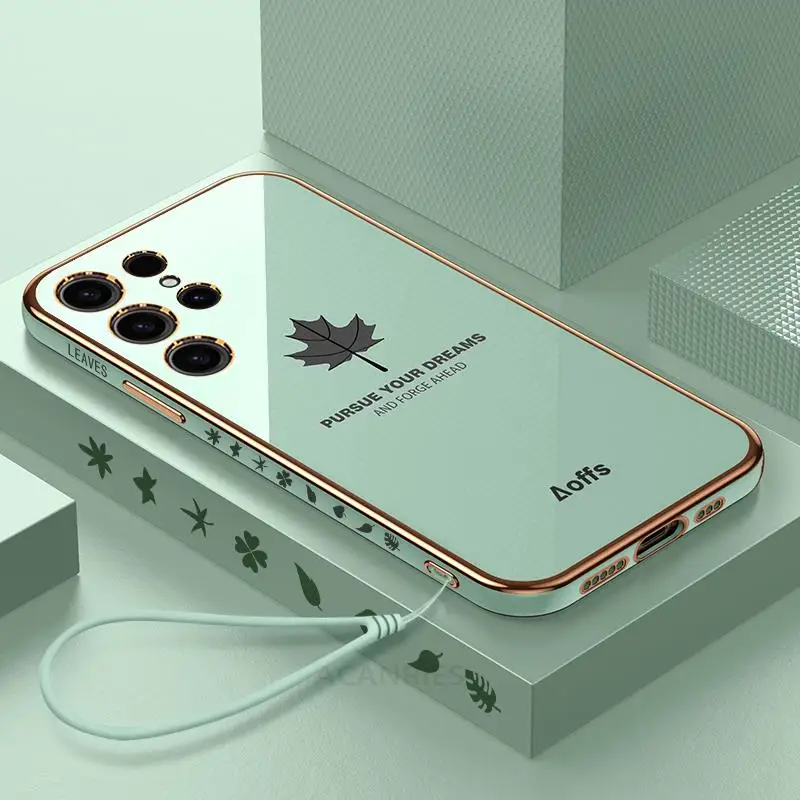 S 23 22 21 Luxury Maple Leaf Lanyard Case For Samsung Galaxy S21 S23 S22 Ultra Plus S20 Fe S10 Plating Silicone Cover Note 20 10 image 2