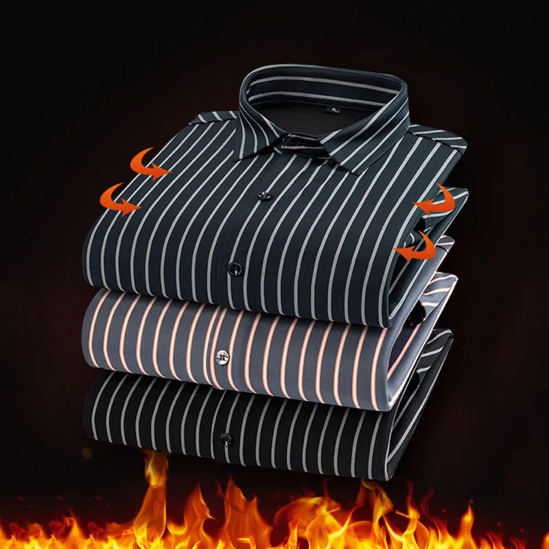 High-End Striped Long Sleeve Shirts Men Autumn Winter Fleece Thickened Warm Shirt Non-Trace Non-Ironing Business Office Shirts