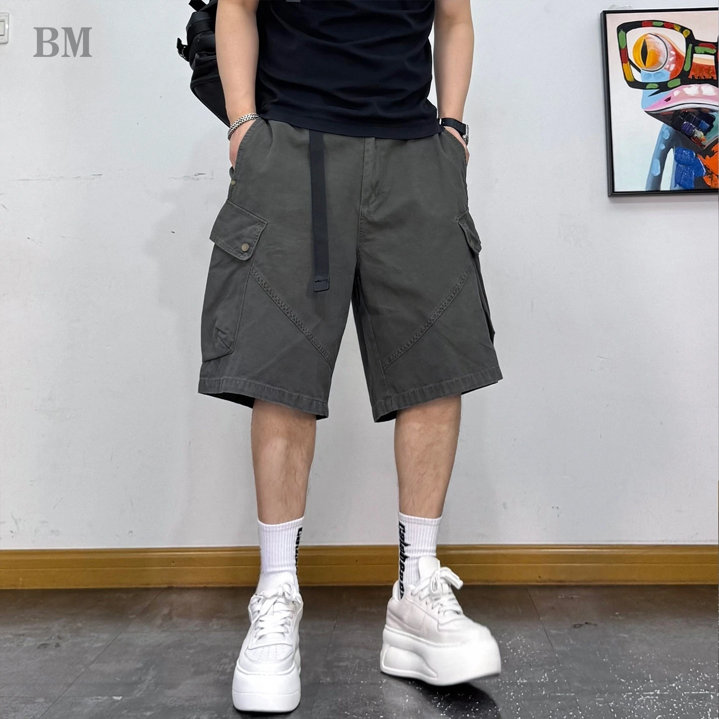 

American Premium Cotton Cargo Shorts Mens Baggy Straight Leg Mid Length Big Pockets Streetwear Trendy Plus Size Summer Classic