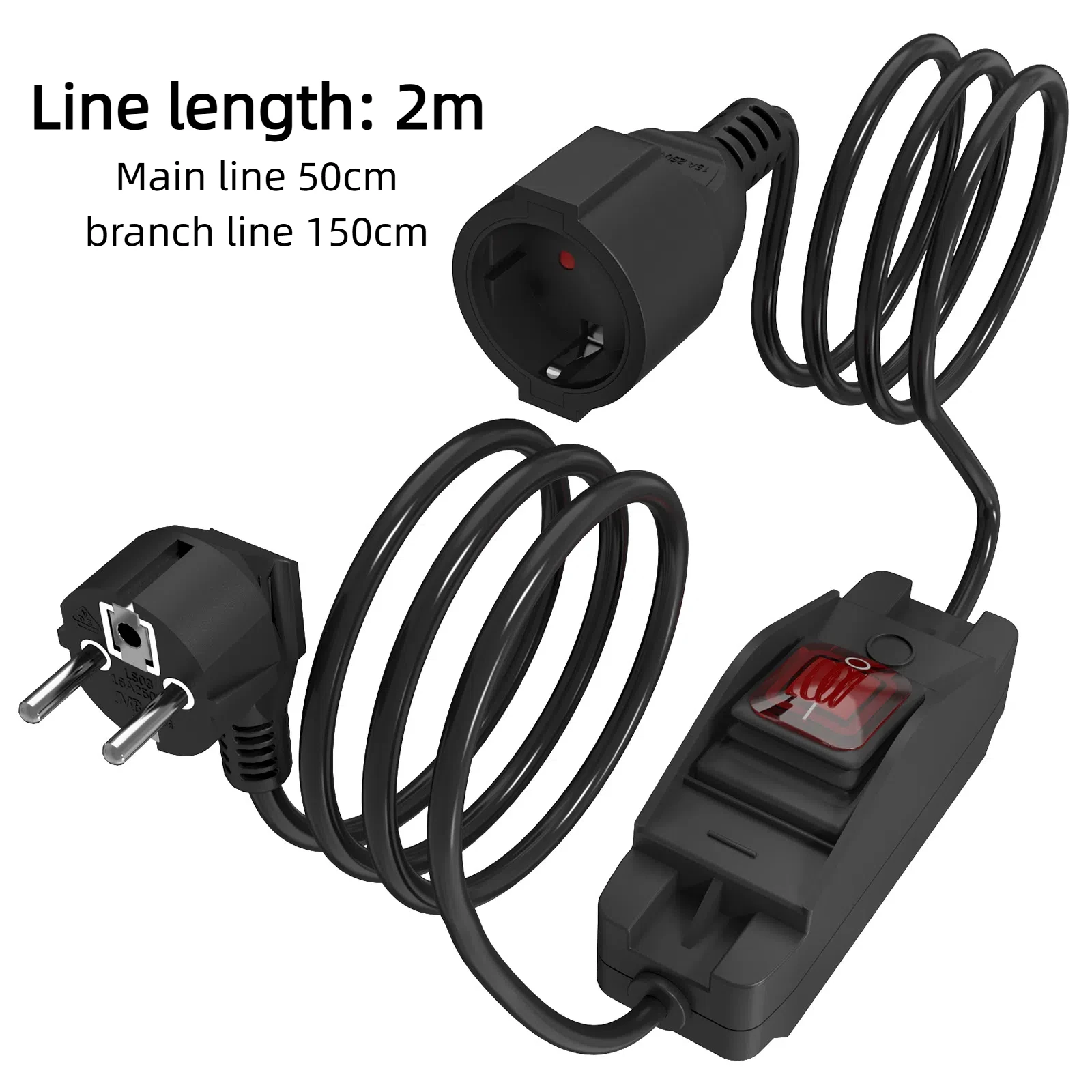 European standard one two open extension cable with switch indicator light,waterproof and dustproof cover 50cm*1 square,black