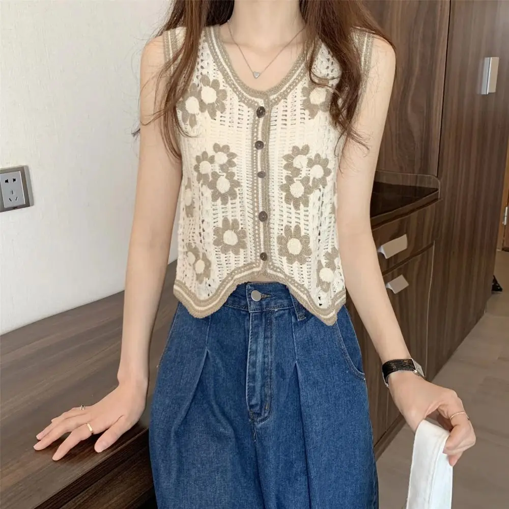 

Sleeveless Embroidery Crochet Flower Vest V-neck Hollow Out Knitted Sweater Vest Single Breasted Cardigan Jumpers Waistcoat Top