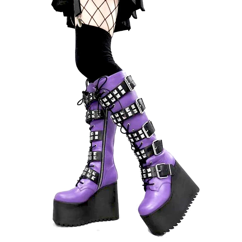 

Personality Purple Rivets Studs Black Belt Buckle Wedge Heel Knee Boots Gothic Metal Decor Platform Zipper Lolita Women's Boots