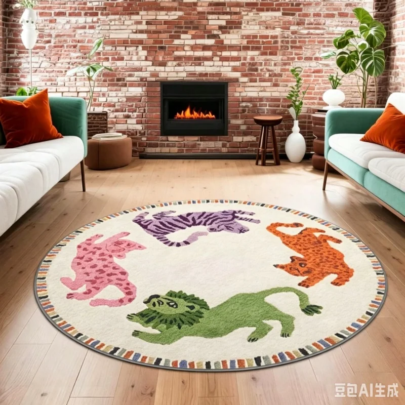 Newest 2D Round Carpet Colorful Cartoon Lion Tiger Leopard Wild Animal Round Rug Non Slip Playroom Floor Carpet