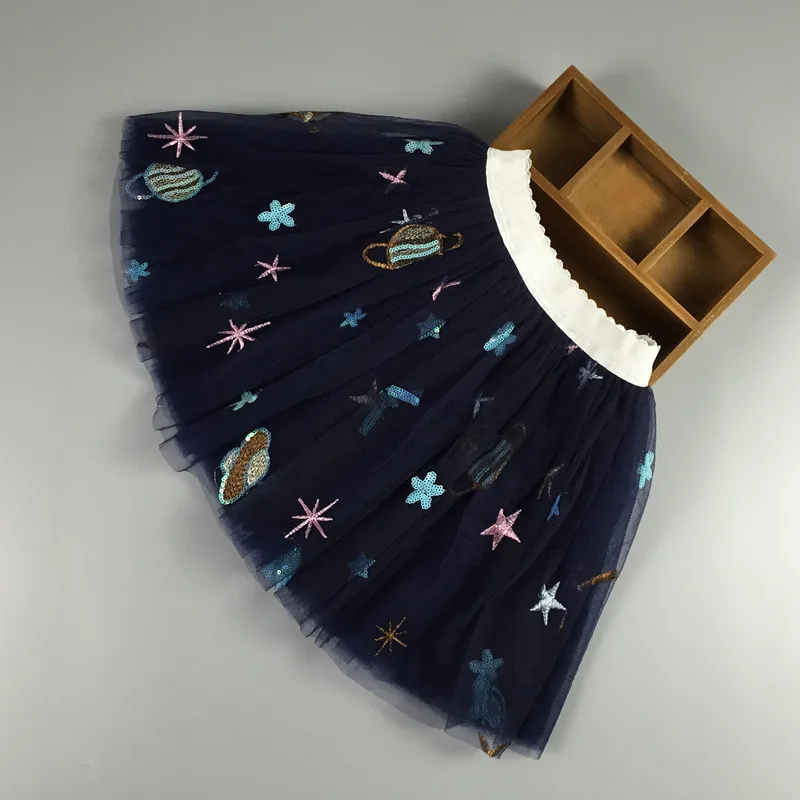 

Girls Spring Summer New Gauze Skirts Children's Tutu Skirts Cosmic Stars Sequin Embroidery Toddler Girls Pleated Skirts 3-10T