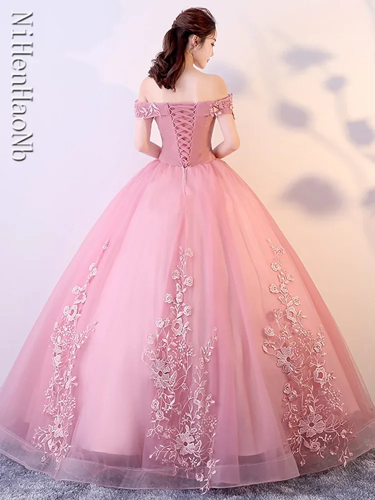 Vestidos De quinceañera con hombros descubiertos, apliques De cuentas, vestido De baile De graduación, Vestidos De baile De Mascarada hinchados, rojo y rosa