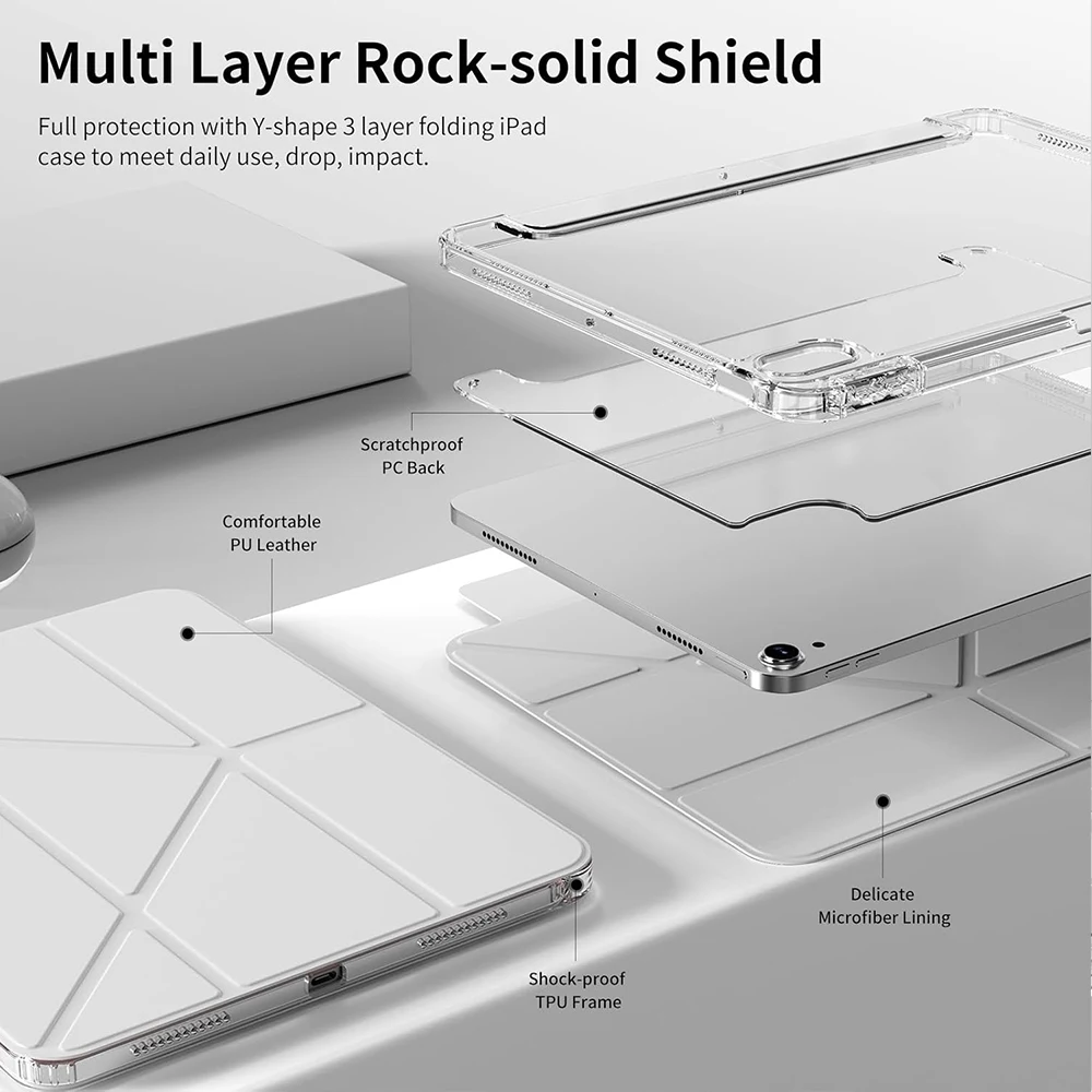 حافظة شفافة كريستالية على شكل Y لجهاز iPad Air 4/5/6/7 M2 M3 2024 2025 Pro 11 1st 2nd 3rd 4th gen مع فتحة قلم رصاص، إيقاظ تلقائي للنوم