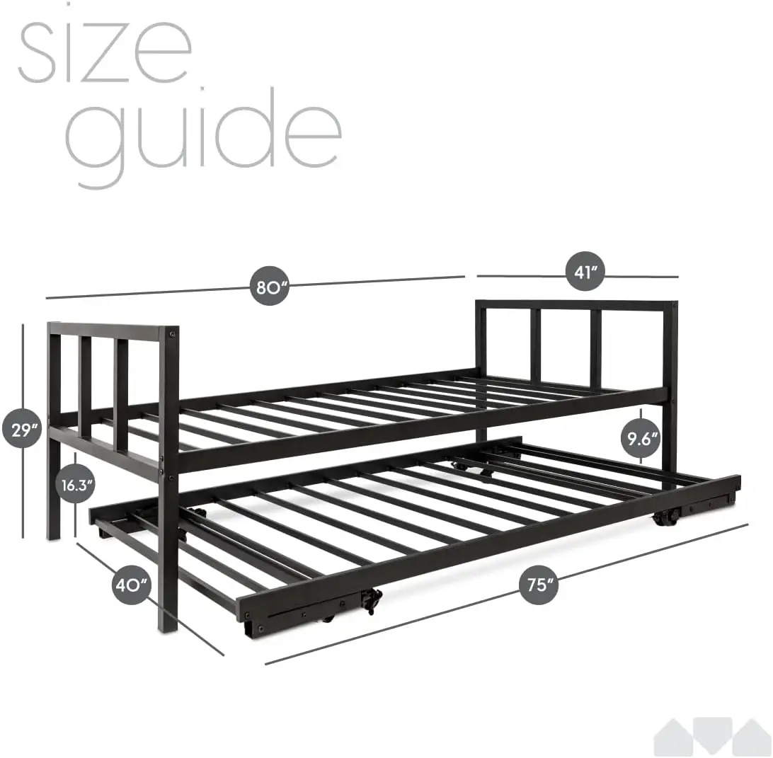 Twin Daybed and Fold- Up Trundle Set Daybed with Pop Up Trundle Black Frame - Mattresses Sold Separately