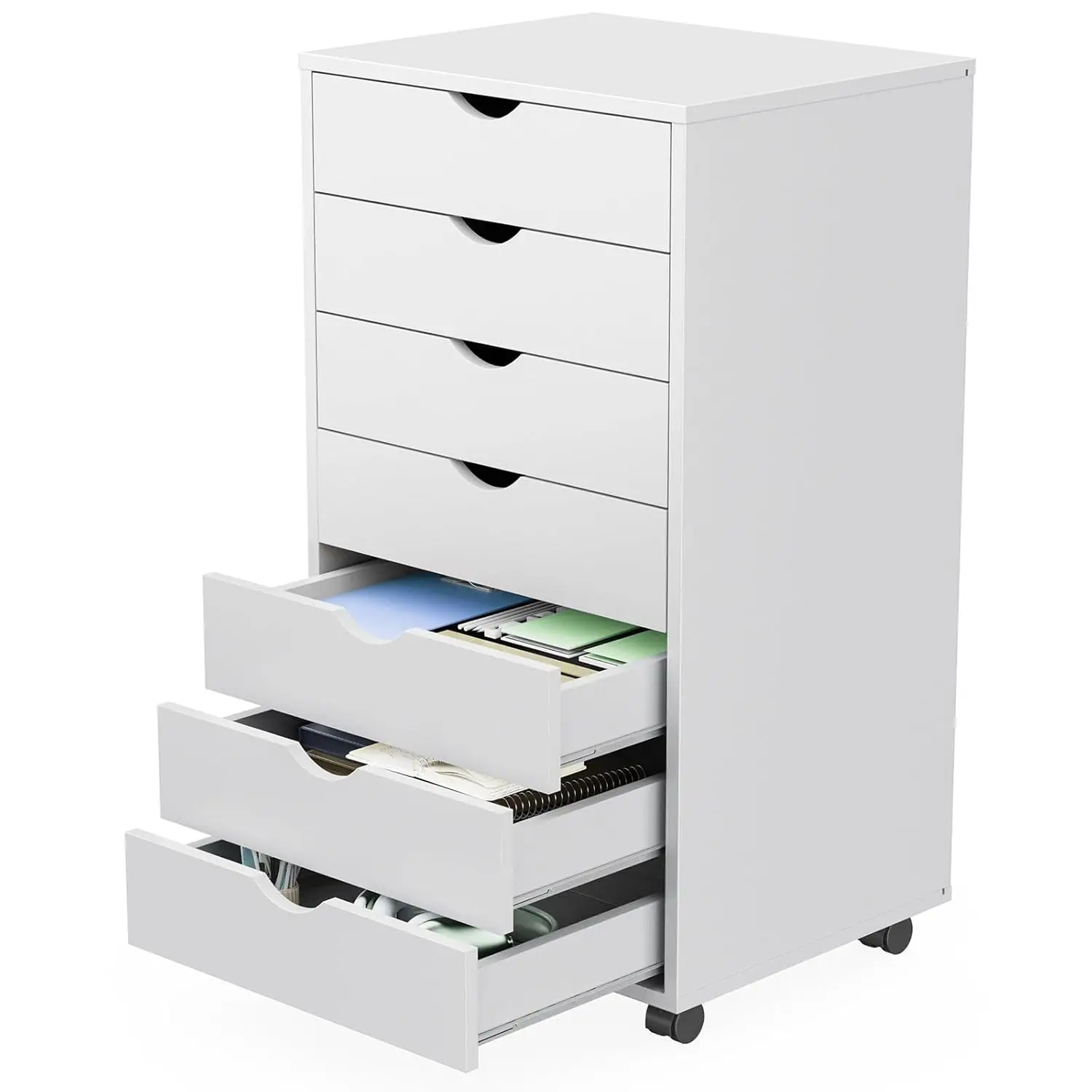 

7-Drawer Mobile Wooden Dresser with Wheels for Office and Home Organization, White
