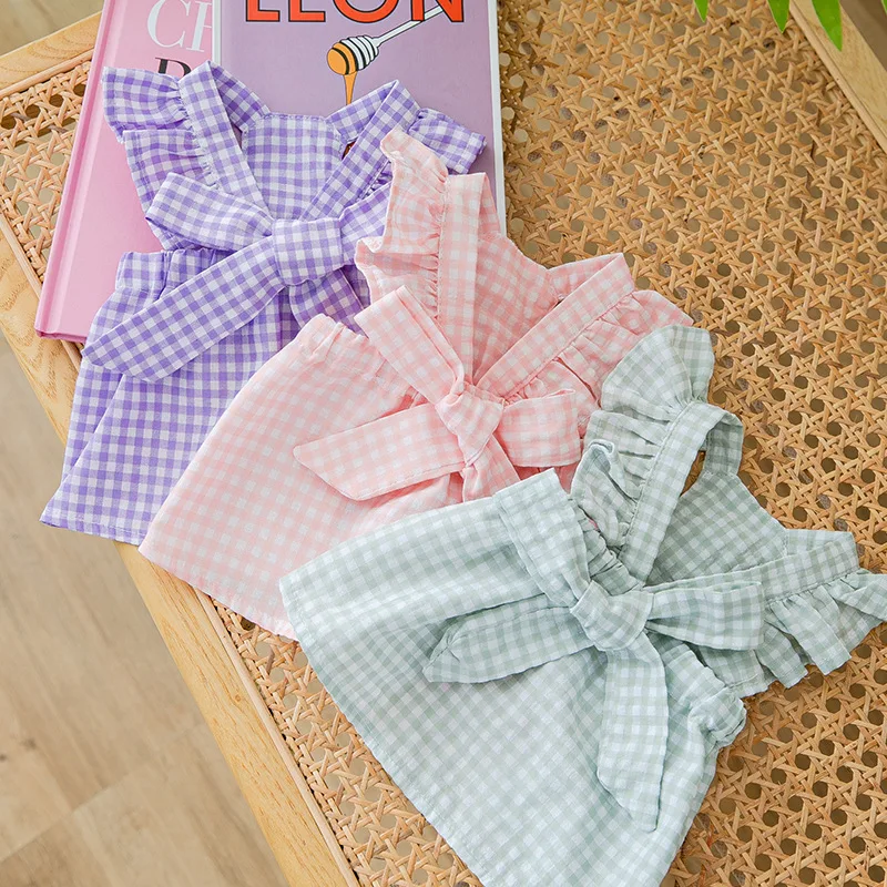 Summer Dog Clothes Puppy Plaid Suspender Skirt Luxury Dog Dress Pet Costume Chihuahua Bichon Yorkie Clothing Pink Dog Bow Vest