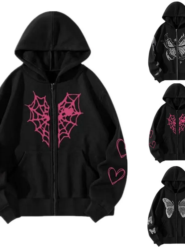 Felpa con cappuccio lunga stampata casual da donna Jaet Street Sle vestibilità ampia chiusura con cerniera capispalla con motivo a cartoni animati