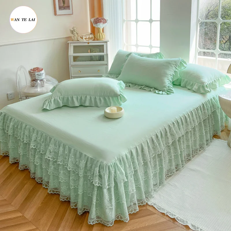 

Lace Bed Skirt Washed Cotton Single Double Bed Sheet Set Embroideried Solid Mattress Cover Princess Style Bedspread Pillowcase