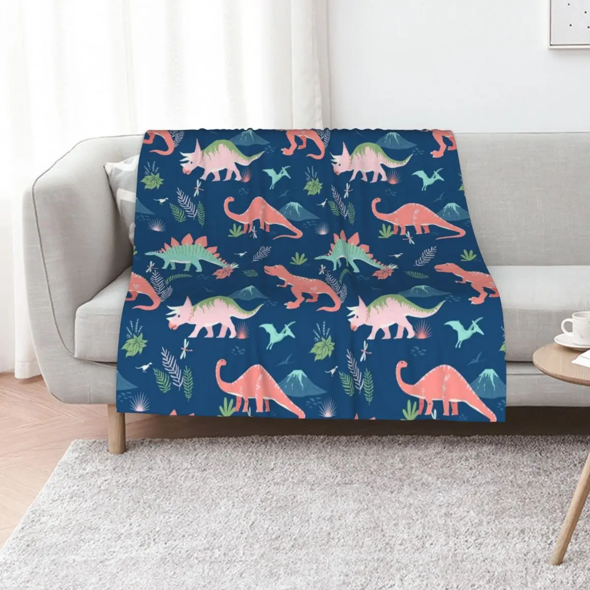 Jurassic Dinosaur in Blue + Coral Throw Blanket Luxury Brand Decorative Throw Travel manga halloween Kid'S Blankets