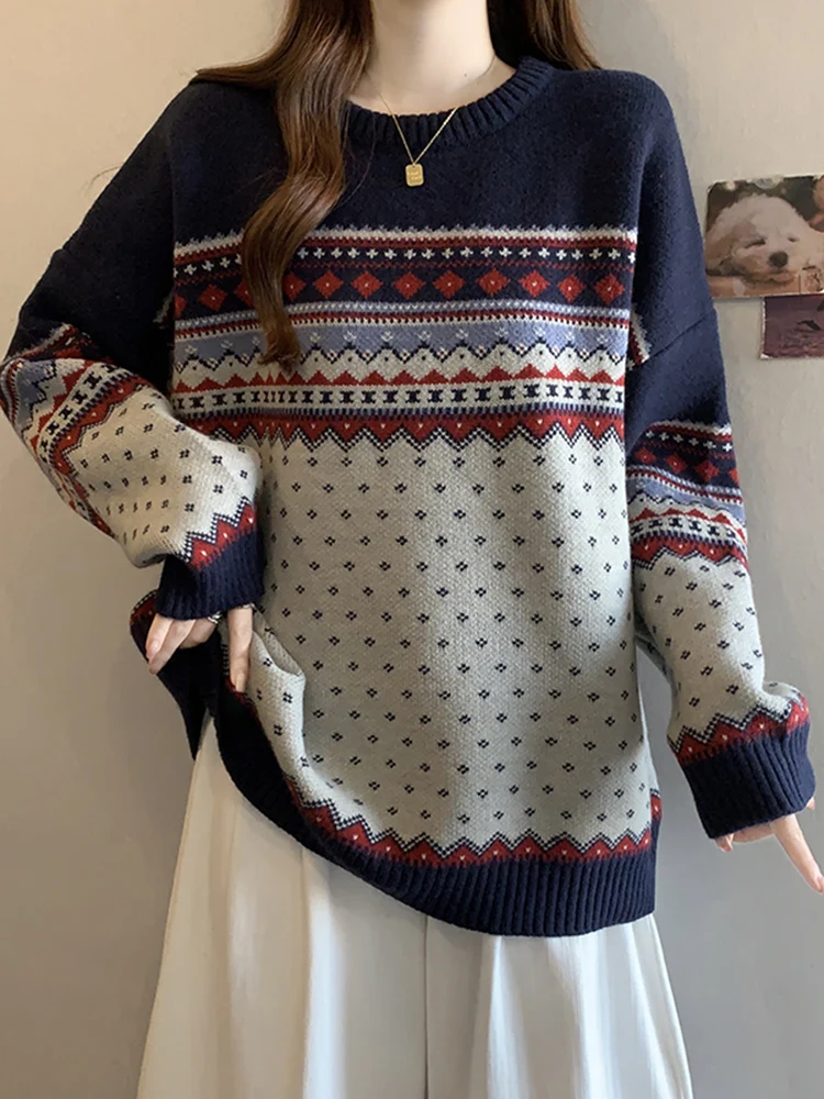 

Модный вязаный свитер большого размера с длинными рукавами для женщин, осенне-зимний свободный базовый топ с цветными вставками