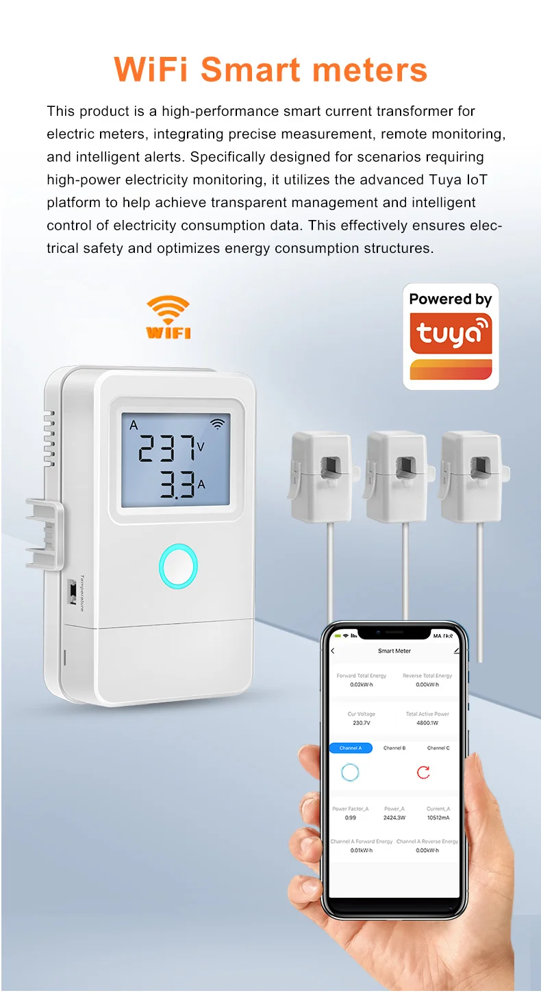 Tuya WiFi Smart Stromzähler 3 Stromwandler 1-Wege 16A Schalter LCD-Display Überhitzungsalarm Flammhemmendes Material – Detail 2