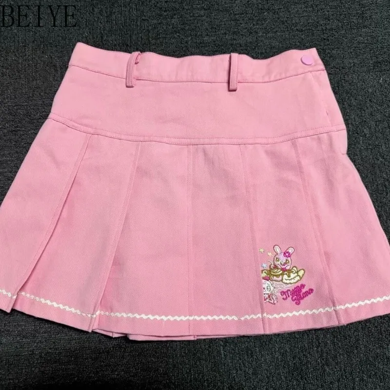 Girl Japanese Cute Embroidery Skirts Lolita Style Sweet Soft Pleated Versatile Skirt Women's High Waist Pink Color Skirt
