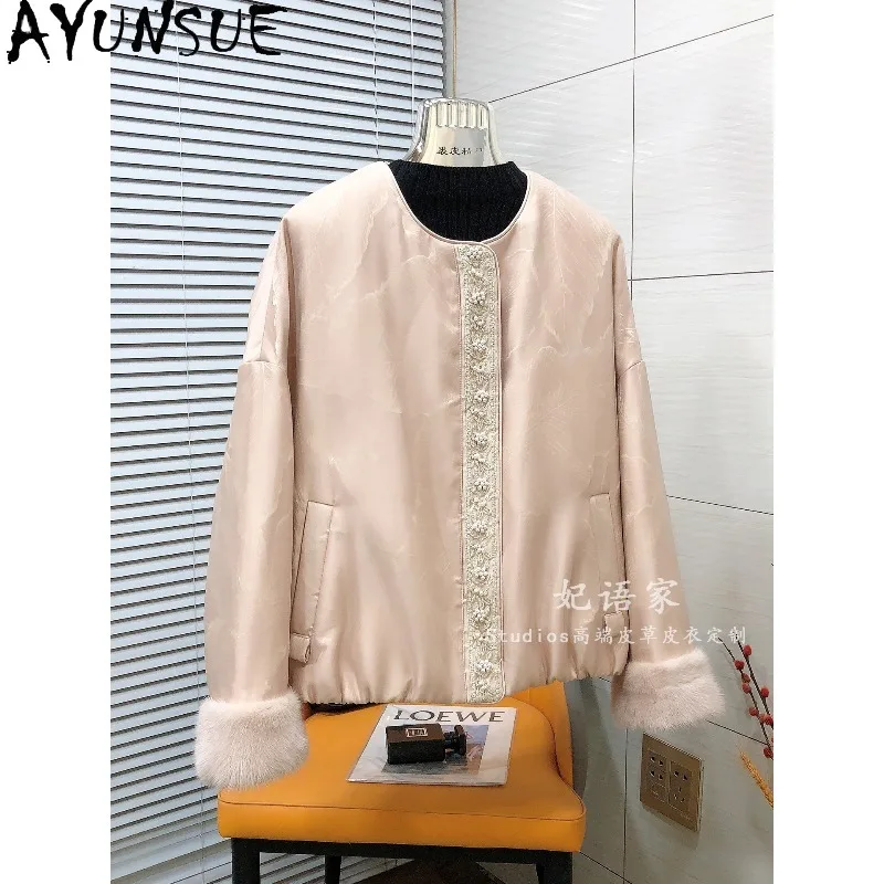 AYUNSUE Heavy Beaded Organza Spliced Mink Fur Coat Woman Autumn Winter Fill with Mulberry Silk Tops Elegant Jacket Woman Clothes