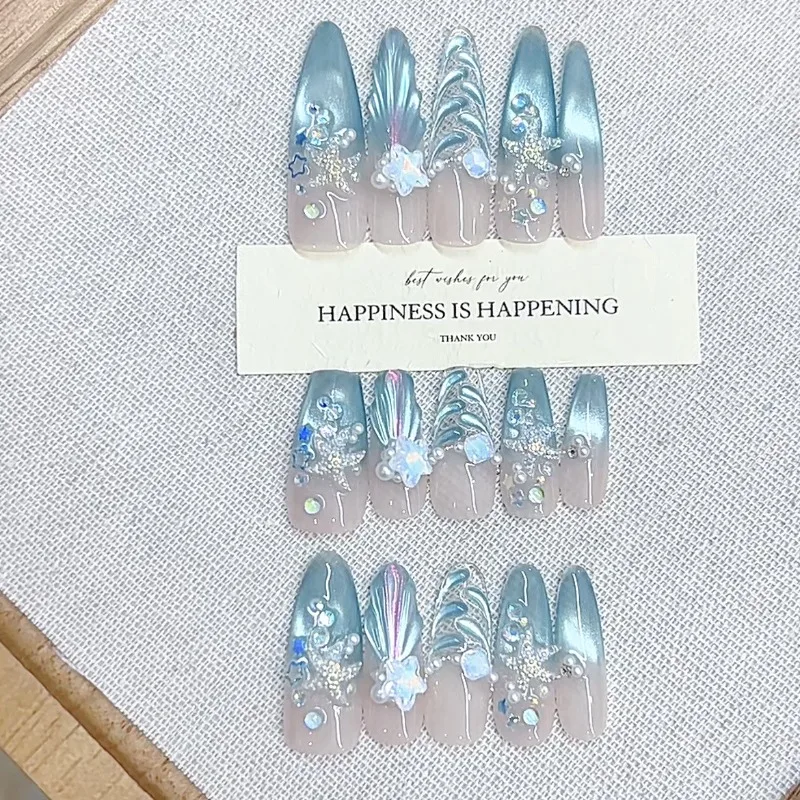 

10 Pieces Summer Sea Secrets 3D Shells Starfish Handmade Press On Nails Fish Tail Waves Cat Eye Fake Nails Removable Reusable