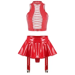 Women Wet Look Patent Leather Outfit Dance Rave Clothes Lace-Up Vest and Ruffle Skirt with Built-in Thongs Garter Belts Clubwear