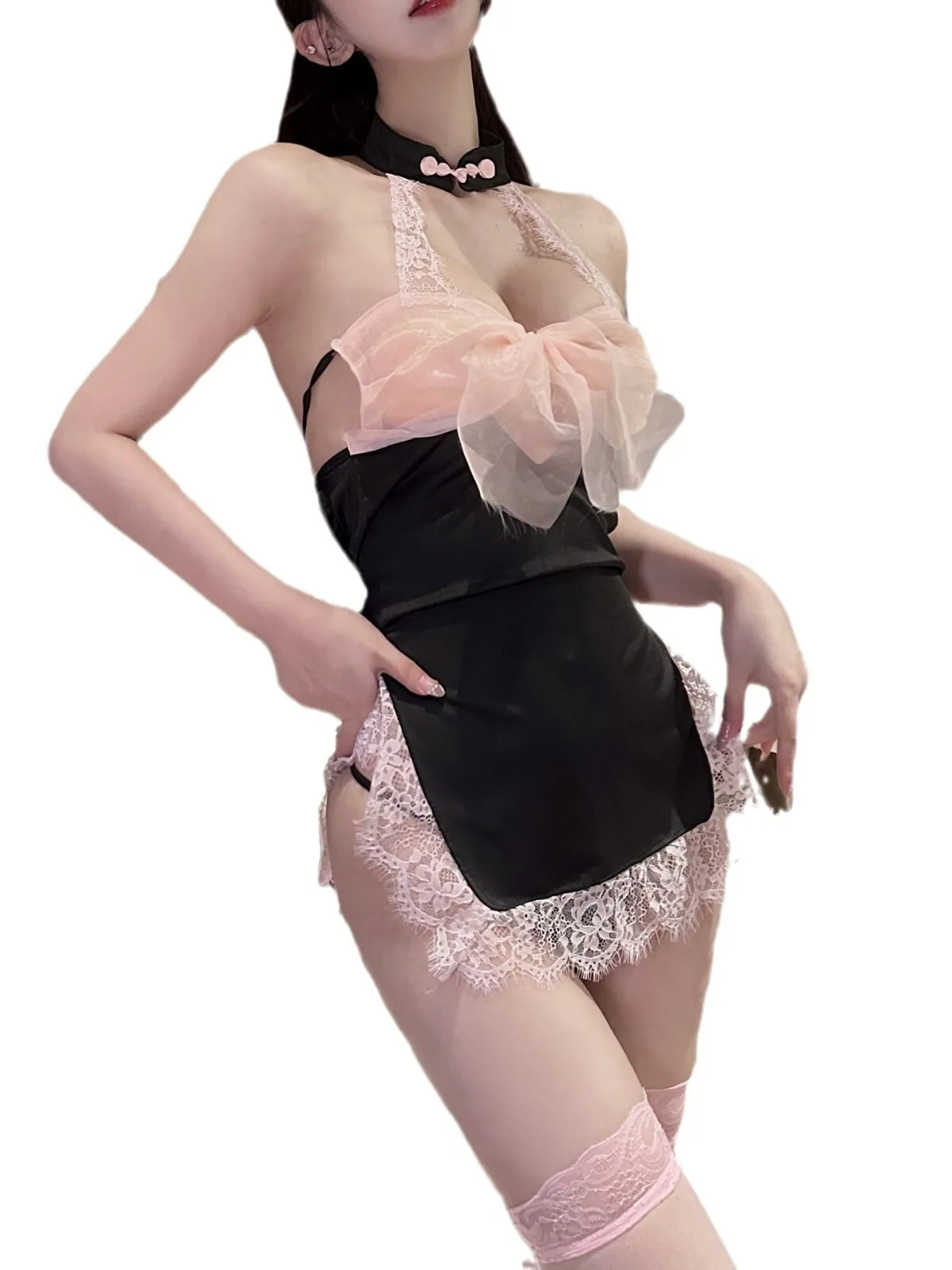 Maglia sexy fiocco in pizzo appeso al collo Bareback abito corto con spacco alto elegante dolce moda donna mini abito 2025 nuove top X11N