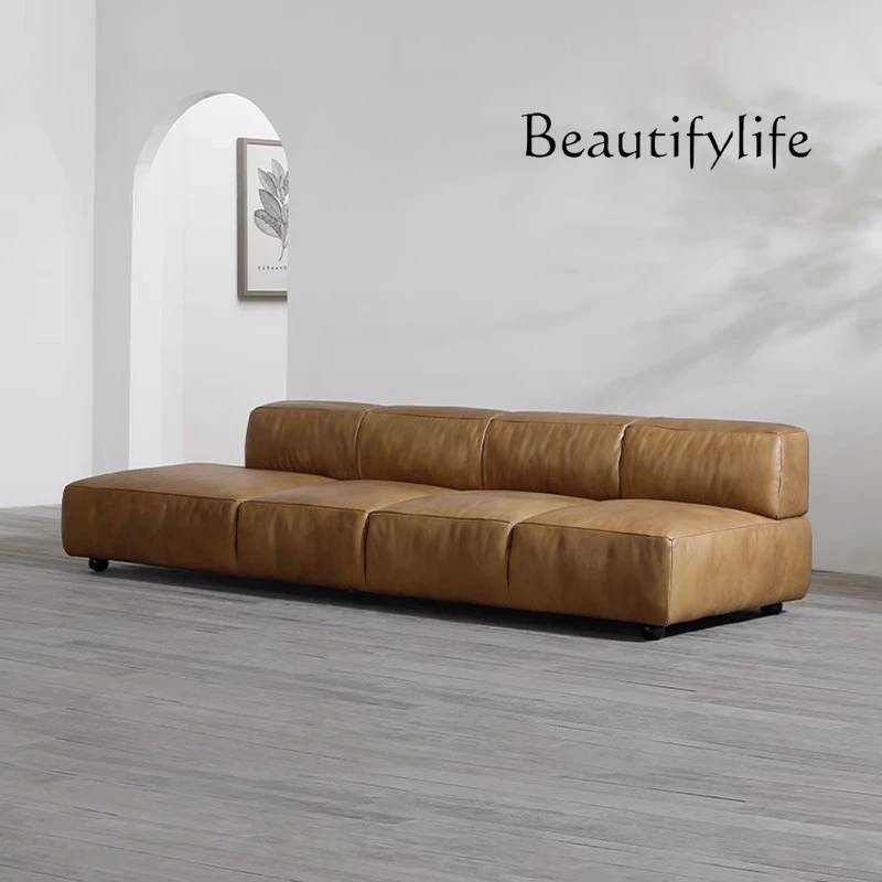 

Retro light luxury leather sofa, medieval designer tofu block first layer oil wax leather strip sofa