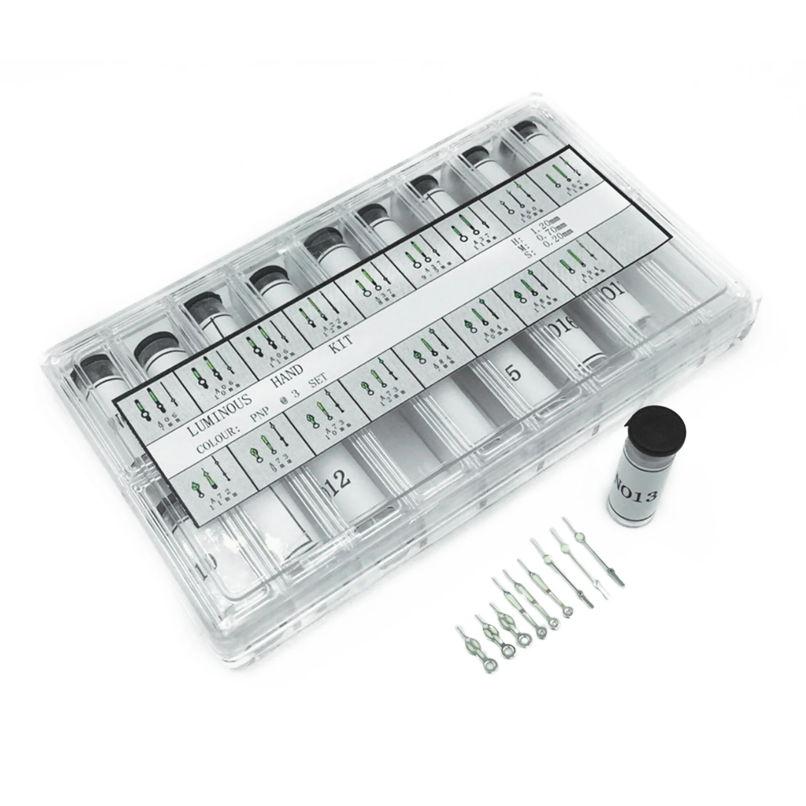 

Universal Watch Hands Box Silver Lume Green Watch Hands To Fit Hand Sizes Minute 70mm Hour 1.20mm Sweep Second 20mm Watch Needle