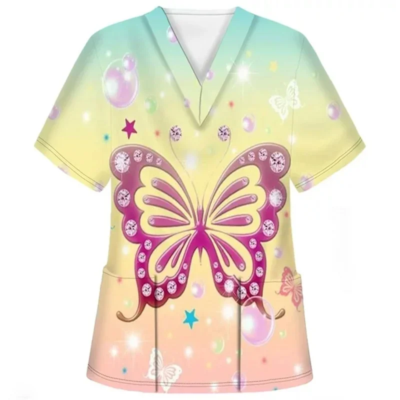 Elegant women's butterfly print short sleevesVCollarTShirt Medical clinical workwear top with patch pockets
