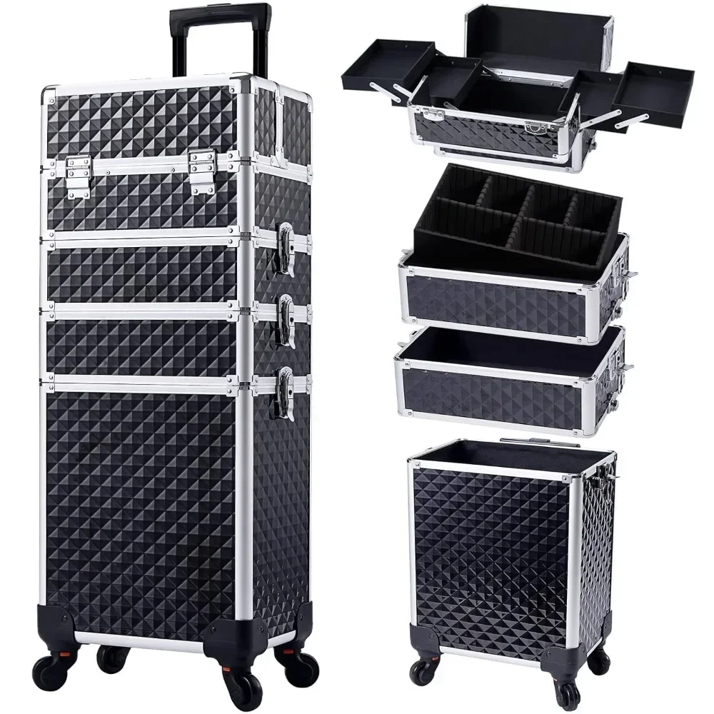 

Rolling Makeup Train Case Large Storage Cosmetic Trolley with Key Swivel Wheels 4 in 1 Large Capacity Trolley Makeup Travel Case