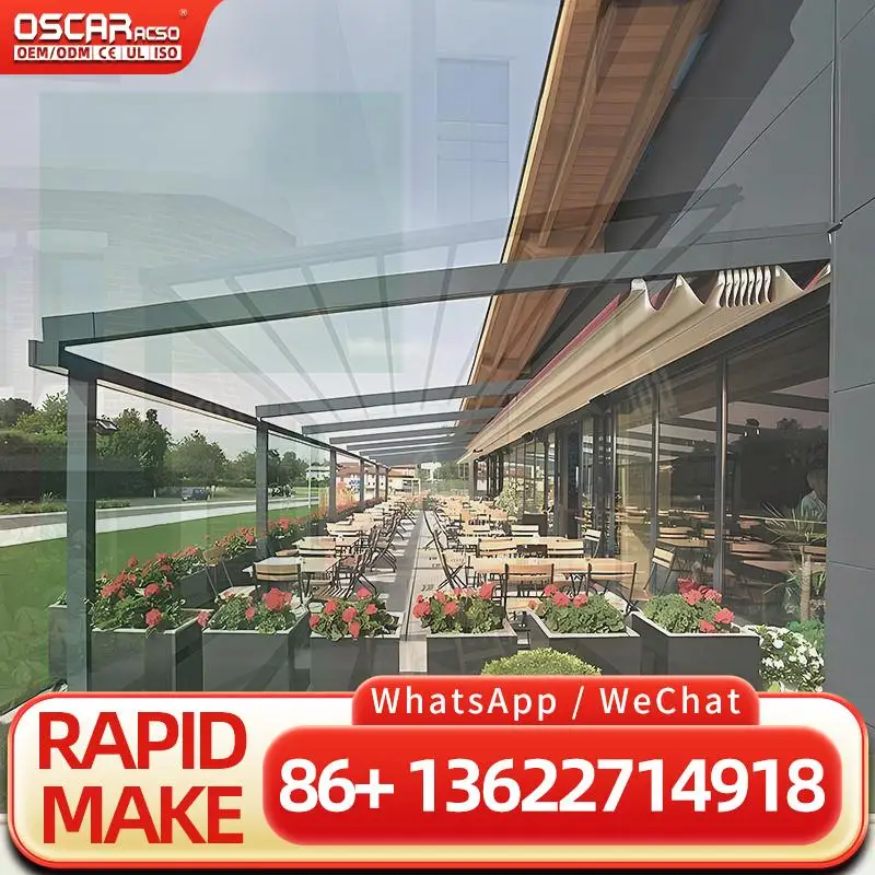 Modern Waterproof Sunshade Awning Fabric Roof with Glass Windows for Outdoor Balcony Patio Garden Retractable Canopy Pergola